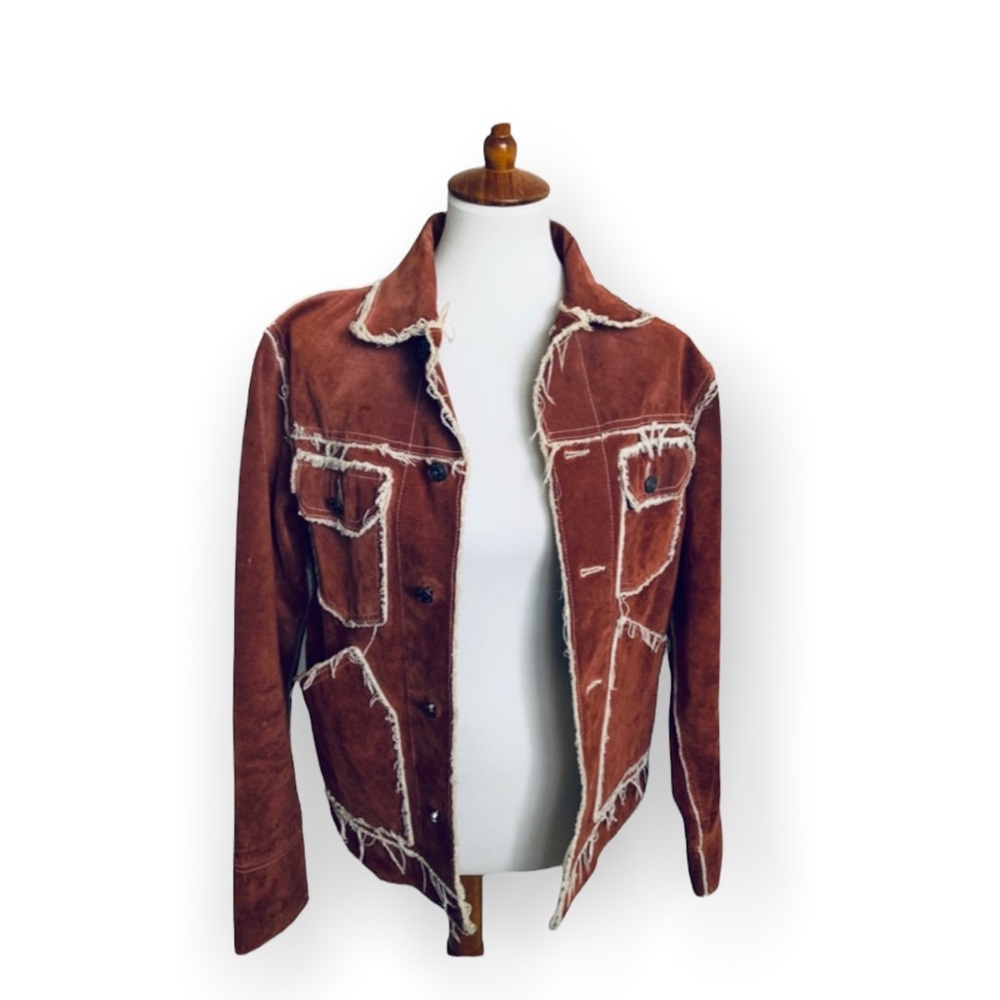 Vintage Auburn Red Fringe Lined Bohemian Genuine Suede Leather Jacket